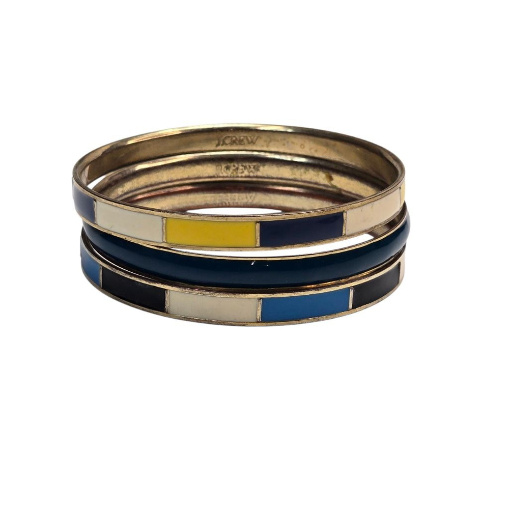 Vintage J.Crew Enamel Bangle Bracelet Set Navy Yellow Cream Colorblock MCM